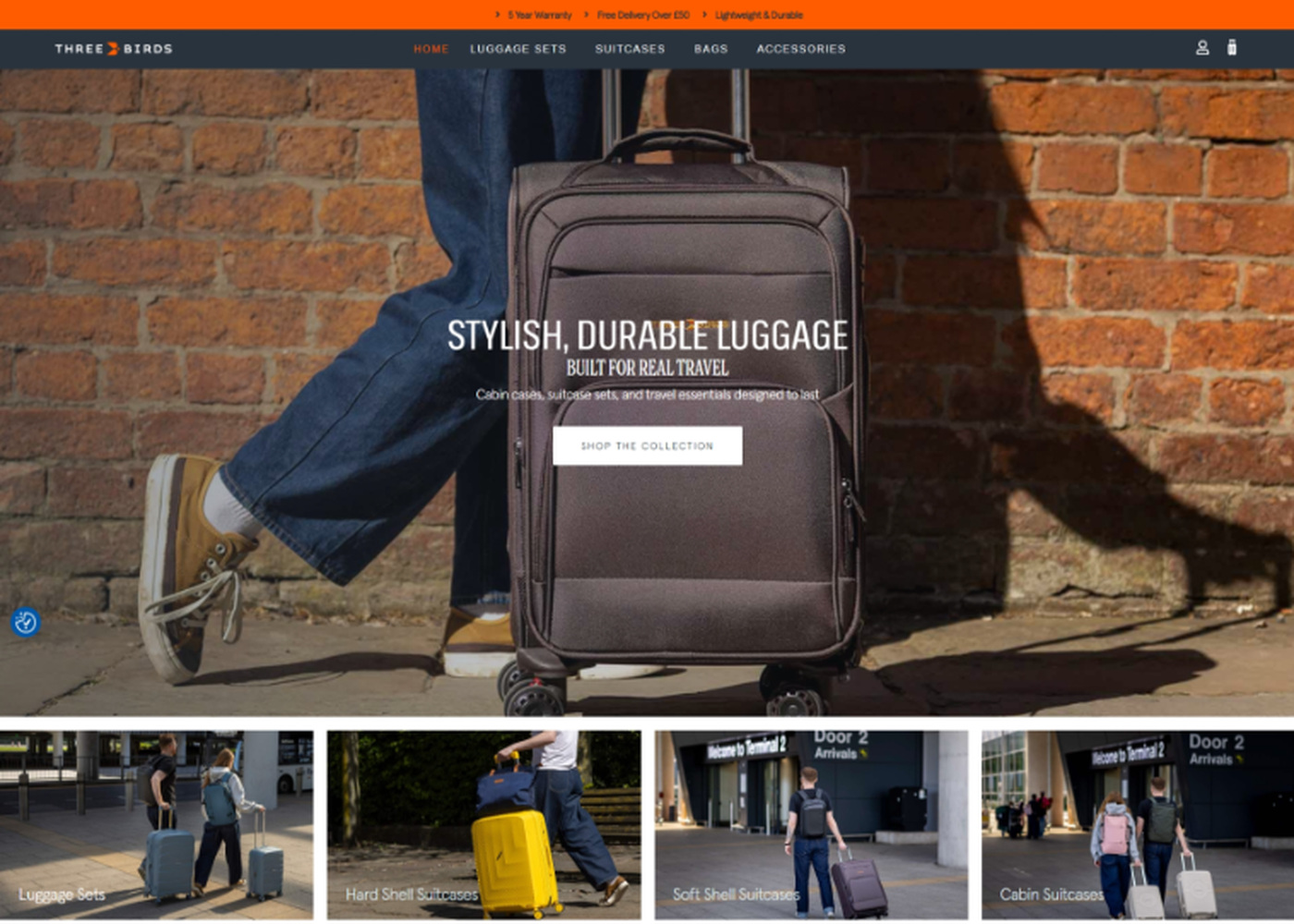 Three Birds luggage ecommerce website designed by LV Media