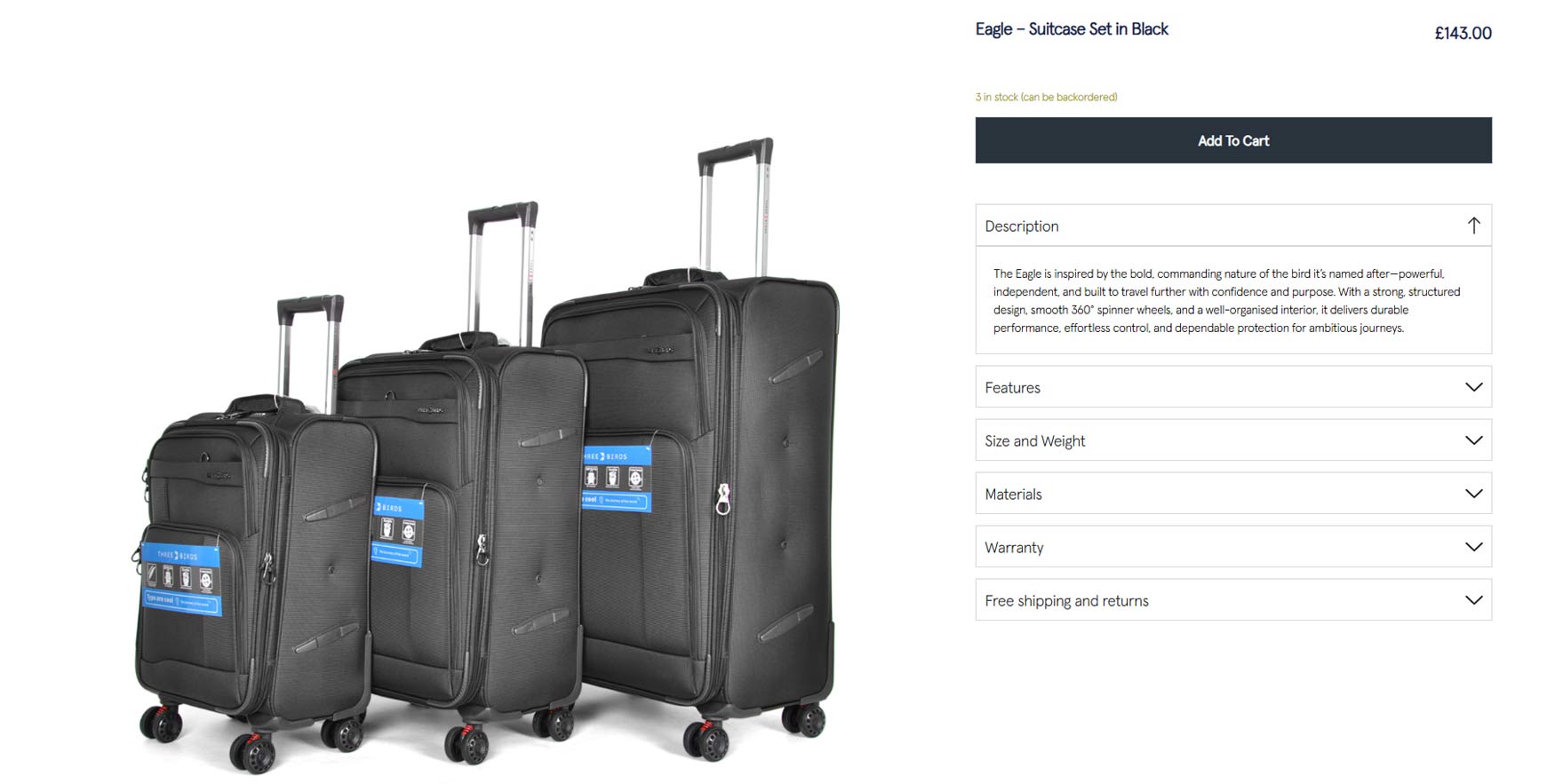 Three Birds luggage ecommerce product catalogue